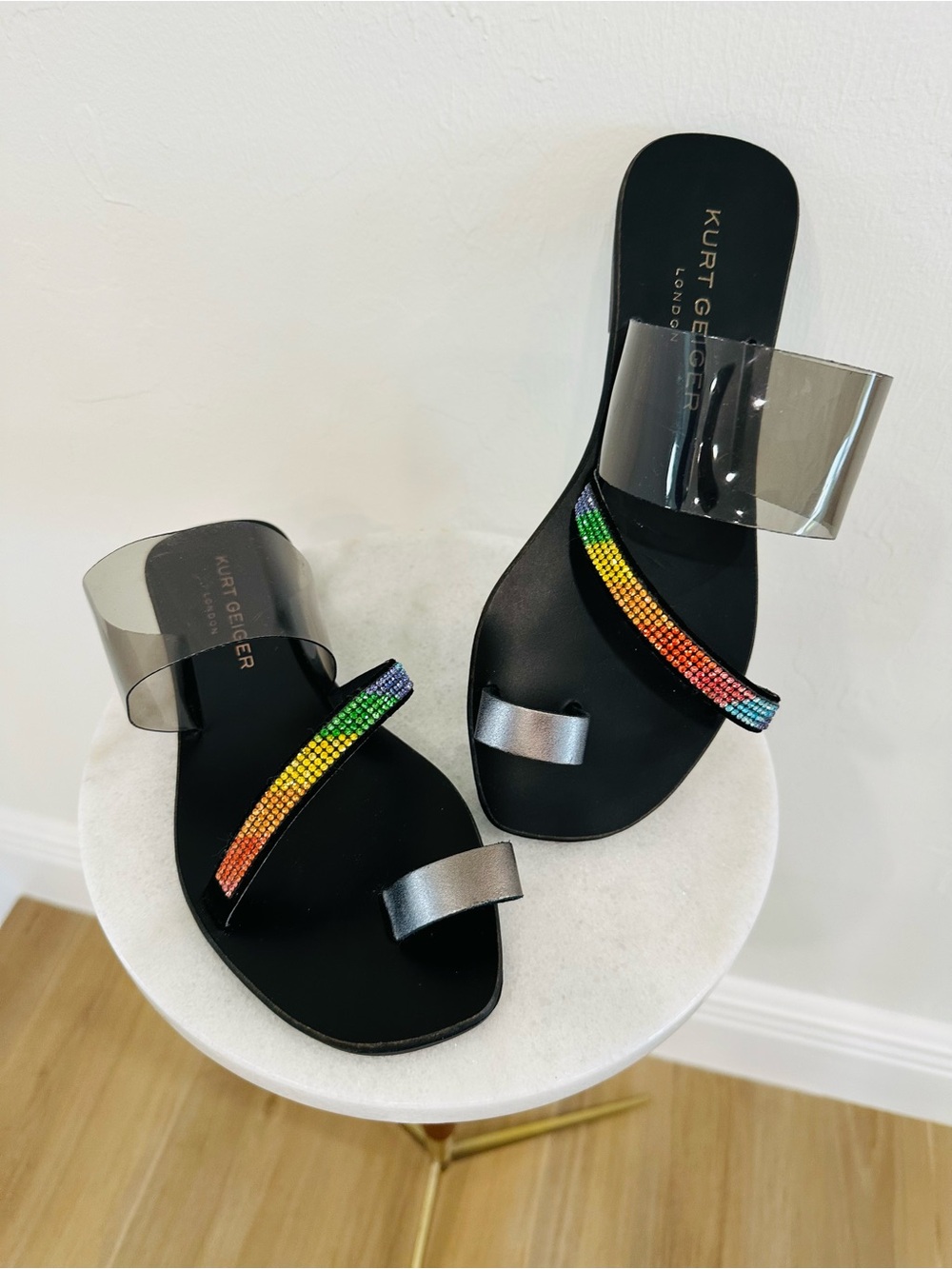 Kurt Geiger Black Slides with Rainbow Crystal Accent
